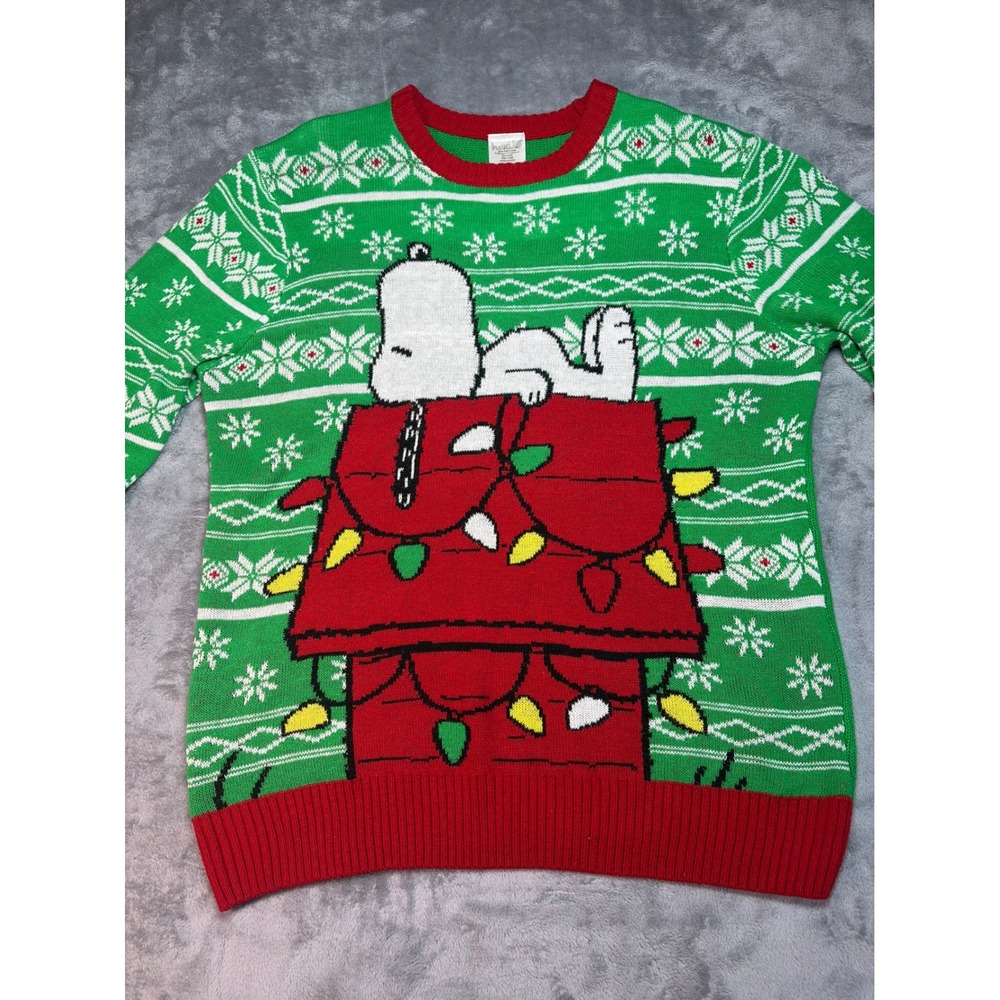 Peanuts Snoopy Christmas Doghouse Holiday Sweater Green Mens XL